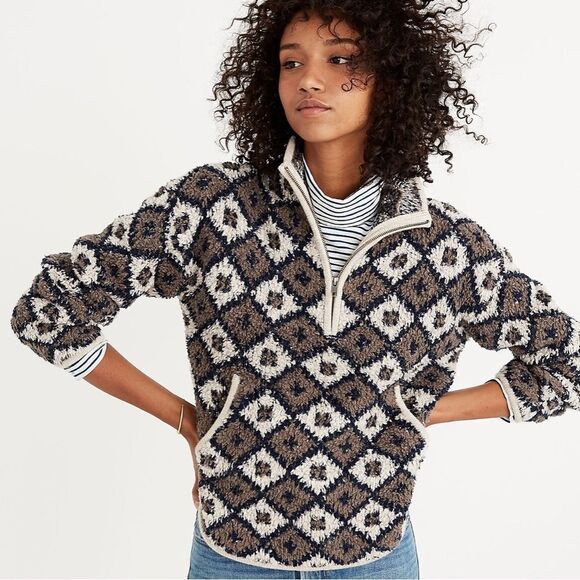 Madewell Popover Sweater Fuzzy Teddy Bear Style Fleece 1/4 Zip Diamond Print M - Picture 15 of 15